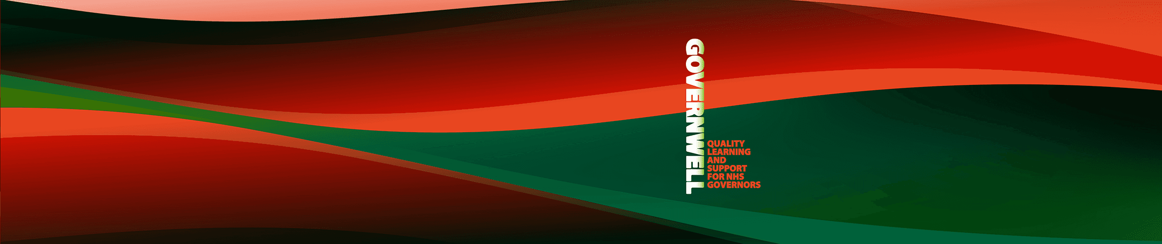 Abstract background with curved red, green, and black tones in NHS Providers’ brand style, featuring the GovernWell programme logo and the words “Quality learning and support for NHS governors."