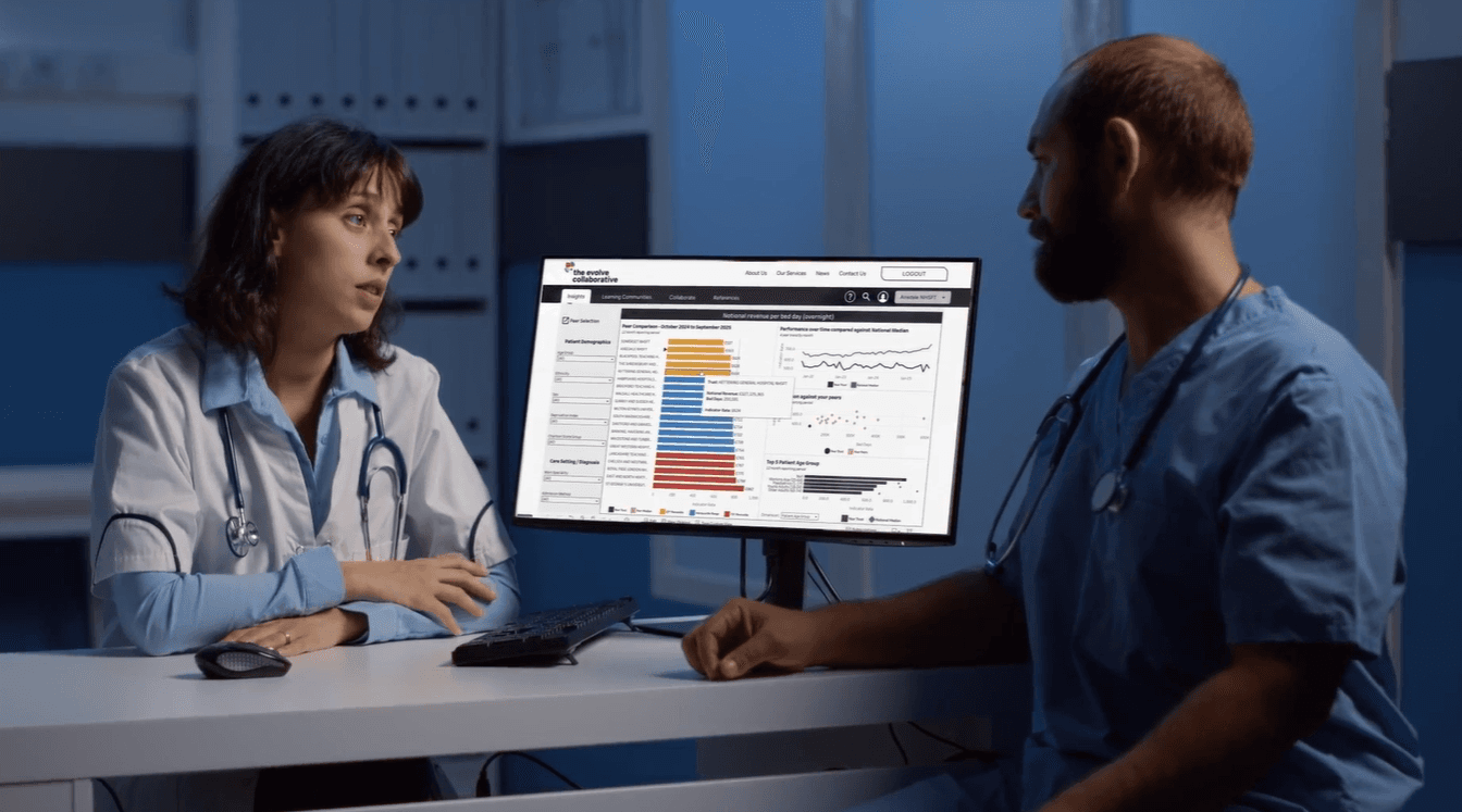 Two colleagues viewing stats on the Evolve data platform.