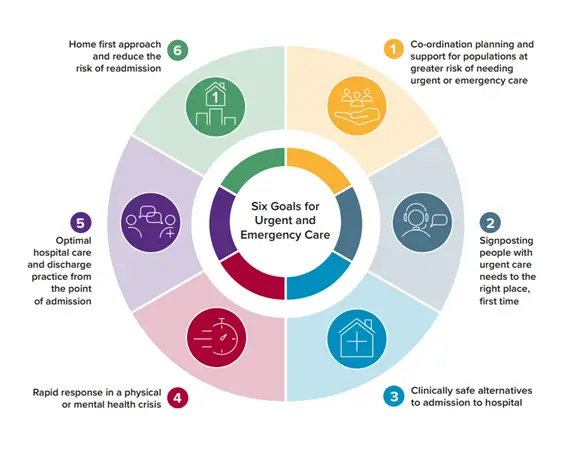 What are the six goals for urgent and emergency care?